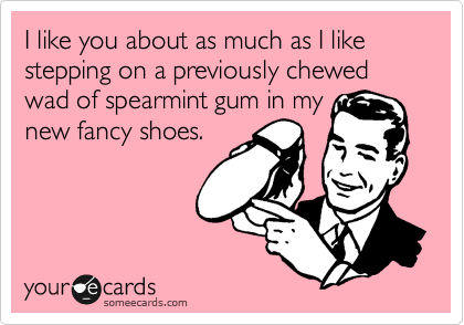 I like you about as much as I like stepping on a previously chewed wad of spearmint gum in my
new fancy shoes. 