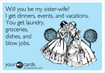 Will you be my sister-wife?I get dinners, events, and vacations. You get laundry,groceries,dishes, and blow jobs.