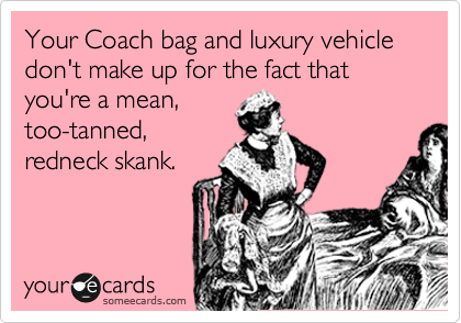 Your Coach bag and luxury vehicle don't make up for the fact that you're a mean,
too-tanned,
redneck skank.    