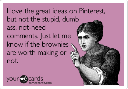 I love the great ideas on Pinterest, but not the stupid, dumb
ass, not-need
comments. Just let me
know if the brownies
are worth making or
not. 