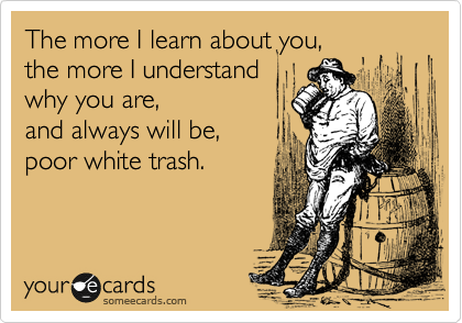 The more I learn about you,
the more I understand
why you are,
and always will be,
poor white trash.