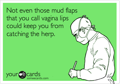 Not even those mud flaps
that you call vagina lips
could keep you from
catching the herp.
