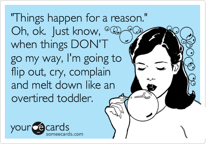 "Things happen for a reason."  
Oh, ok.  Just know,
when things DON'T
go my way, I'm going to
flip out, cry, complain
and melt down like an
overtired toddler.