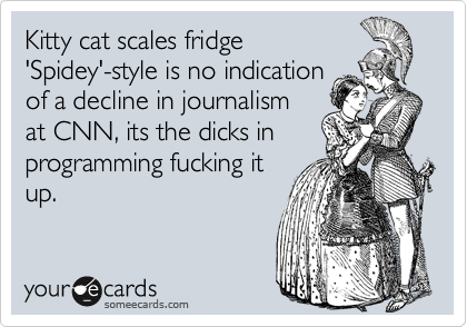 Kitty cat scales fridge
'Spidey'-style is no indication
of a decline in journalism 
at CNN, its the dicks in
programming fucking it
up.