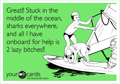 Great!! Stuck in the
middle of the ocean,
sharks everywhere,
and all I have
onboard for help is
2 lazy bitches!!
  