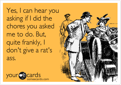 Yes, I can hear you
asking if I did the
chores you asked
me to do. But,
quite frankly, I
don't give a rat's
ass.