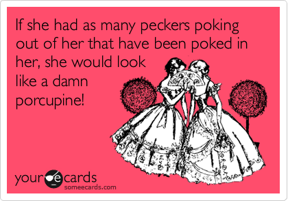 If she had as many peckers poking out of her that have been poked in her, she would look
like a damn
porcupine!