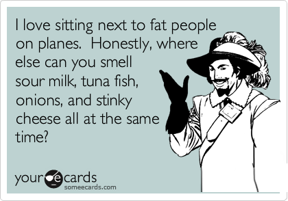 I love sitting next to fat people
on planes.  Honestly, where
else can you smell
sour milk, tuna fish,
onions, and stinky
cheese all at the same
time?