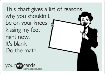 This chart gives a list of reasons
why you shouldn't
be on your knees
kissing my feet
right now.
It's blank. 
Do the math.