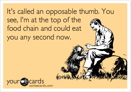 It's called an opposable thumb. You see, I'm at the top of the
food chain and could eat
you any second now. 