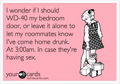 I wonder if I should
WD-40 my bedroom
door, or leave it alone to
let my roommates know
I've come home drunk. 
At 3:00am. In case they're
having sex.