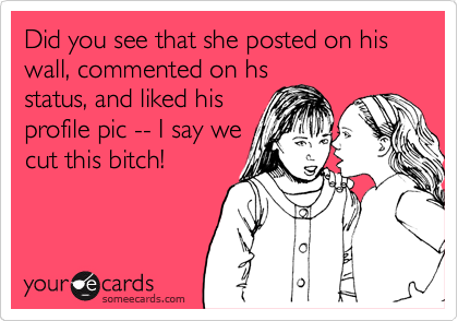 Did you see that she posted on his wall, commented on hs
status, and liked his
profile pic -- I say we
cut this bitch!