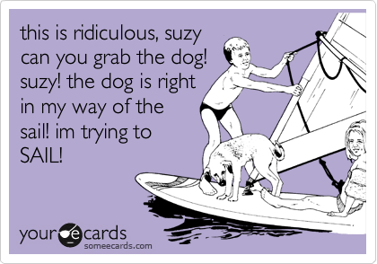 this is ridiculous, suzy
can you grab the dog!
suzy! the dog is right
in my way of the
sail! im trying to
SAIL!