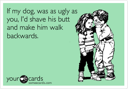 If my dog, was as ugly as
you, I'd shave his butt
and make him walk
backwards.