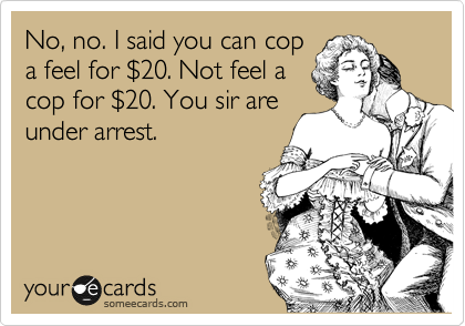 No, no. I said you can cop
a feel for %2420. Not feel a
cop for %2420. You sir are
under arrest.