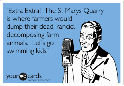 "Extra Extra!  The St Marys Quarry is where farmers would
dump their dead, rancid,
decomposing farm
animals.  Let's go
swimming kids!" 