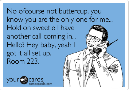 No ofcourse not buttercup, you know you are the only one for me...
Hold on sweetie I have
another call coming in...
Hello? Hey baby, yeah I
got it all set up.
Room 223.