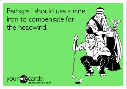 Perhaps I should use a nine
iron to compensate for
the headwind.