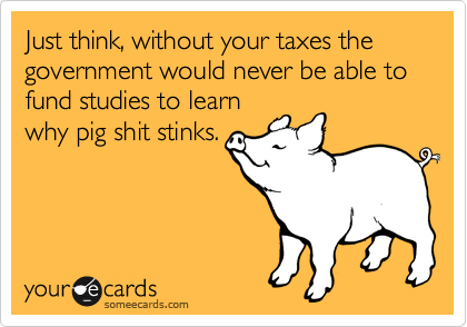 Just think, without your taxes the government would never be able to fund studies to learn
why pig shit stinks.