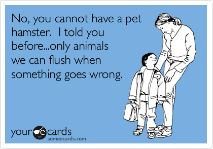No, you cannot have a pet
hamster.  I told you
before...only animals  
we can flush when
something goes wrong.
