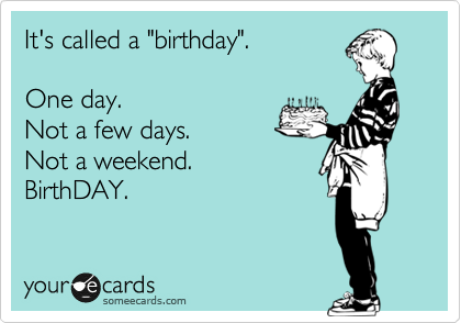 It's called a "birthday".

One day.
Not a few days.
Not a weekend. 
BirthDAY.