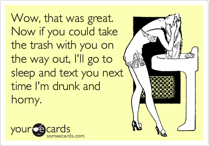 Wow, that was great.
Now if you could take
the trash with you on
the way out, I'll go to
sleep and text you next
time I'm drunk and
horny. 