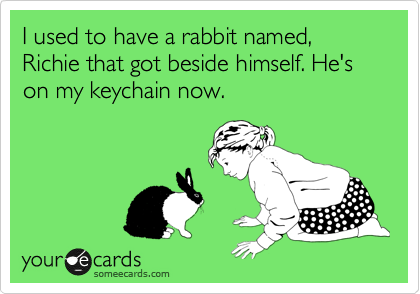 I used to have a rabbit named, Richie that got beside himself. He's on my keychain now.