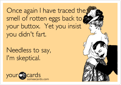 Once again I have traced the
smell of rotten eggs back to
your buttox.  Yet you insist
you didn't fart.  

Needless to say, 
I'm skeptical.