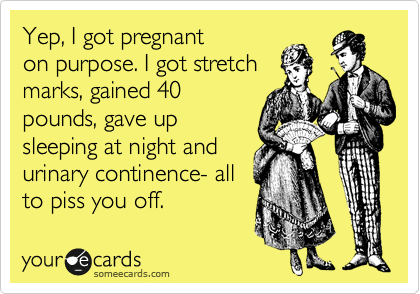 Yep, I got pregnant
on purpose. I got stretch
marks, gained 40
pounds, gave up
sleeping at night and
urinary continence- all
to piss you off.
