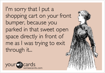 I'm sorry that I put a
shopping cart on your front
bumper, because you
parked in that sweet open
space directly in front of
me as I was trying to exit 
through it...