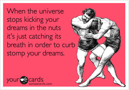 When the universe
stops kicking your
dreams in the nuts
it's just catching its
breath in order to curb
stomp your dreams.