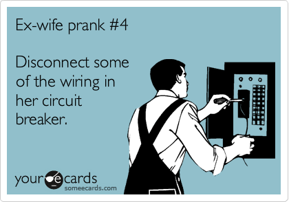 Ex-wife prank %234

Disconnect some
of the wiring in
her circuit
breaker.