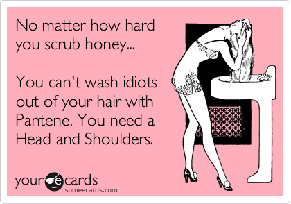 No matter how hard
you scrub honey...

You can't wash idiots
out of your hair with
Pantene. You need a
Head and Shoulders. 