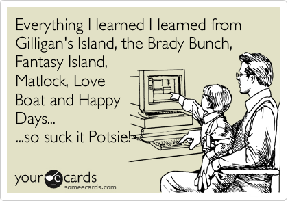 Everything I learned I learned from Gilligan's Island, the Brady Bunch,
Fantasy Island,
Matlock, Love
Boat and Happy
Days...
...so suck it Potsie! 