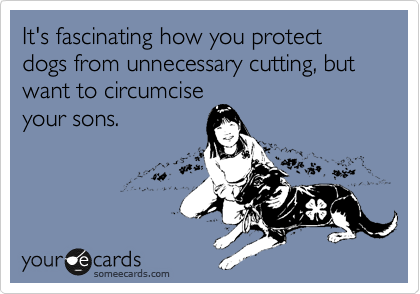 It's fascinating how you protect dogs from unnecessary cutting, but want to circumcise
your sons.