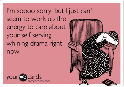 I'm soooo sorry, but I just can't seem to work up the
energy to care about
your self serving
whining drama right
now.