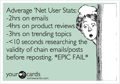 Adverage 'Net User Stats:
-2hrs on emails
-4hrs on product reviews
-3hrs on trending topics
-%3C10 seconds researching the
validity of chain emails/posts
before reposting. *EPIC FAIL* 