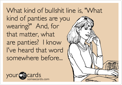 What kind of bullshit line is, "What kind of panties are you
wearing?"  And, for
that matter, what
are panties?  I know
I've heard that word
somewhere before...