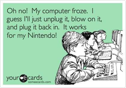 Oh no!  My computer froze.  I guess I'll just unplug it, blow on it, and plug it back in.  It works
for my Nintendo!