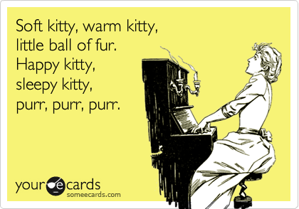 Soft kitty, warm kitty, 
little ball of fur.
Happy kitty,
sleepy kitty,
purr, purr, purr.