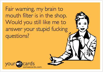 Fair warning, my brain to
mouth filter is in the shop.
Would you still like me to
answer your stupid fucking
questions?