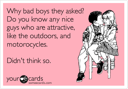 Why bad boys they asked?
Do you know any nice
guys who are attractive,
like the outdoors, and
motorocycles.

Didn't think so. 