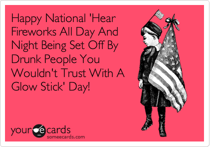 Happy National 'Hear
Fireworks All Day And
Night Being Set Off By
Drunk People You
Wouldn't Trust With A
Glow Stick' Day!