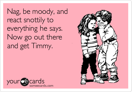 Nag, be moody, and
react snottily to
everything he says.
Now go out there
and get Timmy.