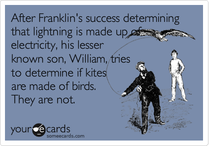 After Franklin's success determining that lightning is made up of
electricity, his lesser
known son, William, tries
to determine if kites
are made of birds.
They are not.