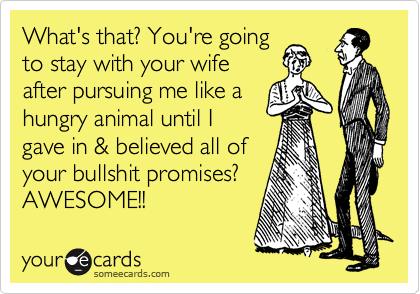 What's that? You're going
to stay with your wife
after pursuing me like a
hungry animal until I
gave in & believed all of
your bullshit promises? AWESOME!! 