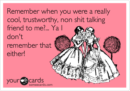Remember when you were a really cool, trustworthy, non shit talking friend to me?... Ya I
don't
remember that
either!