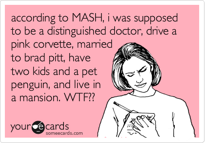 according to MASH, i was supposed to be a distinguished doctor, drive a pink corvette, married
to brad pitt, have
two kids and a pet
penguin, and live in
a mansion. WTF??