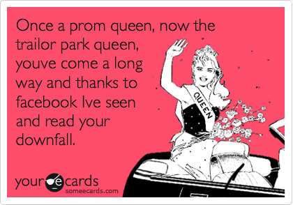 Once a prom queen, now the trailor park queen,
youve come a long
way and thanks to
facebook Ive seen
and read your
downfall.