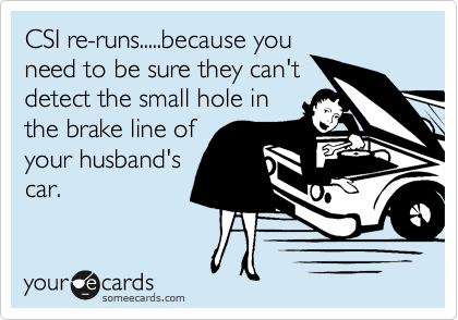 CSI re-runs.....because you
need to be sure they can't
detect the small hole in
the brake line of
your husband's
car.